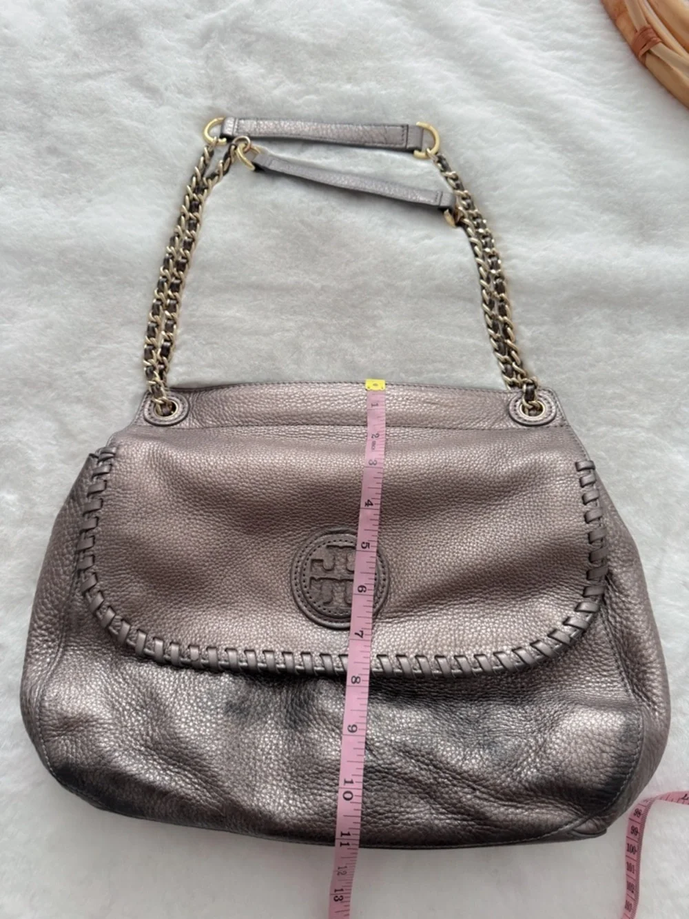 Tory Burch Marion Whipstitch Leather Saddle Bag Metallic Pewter